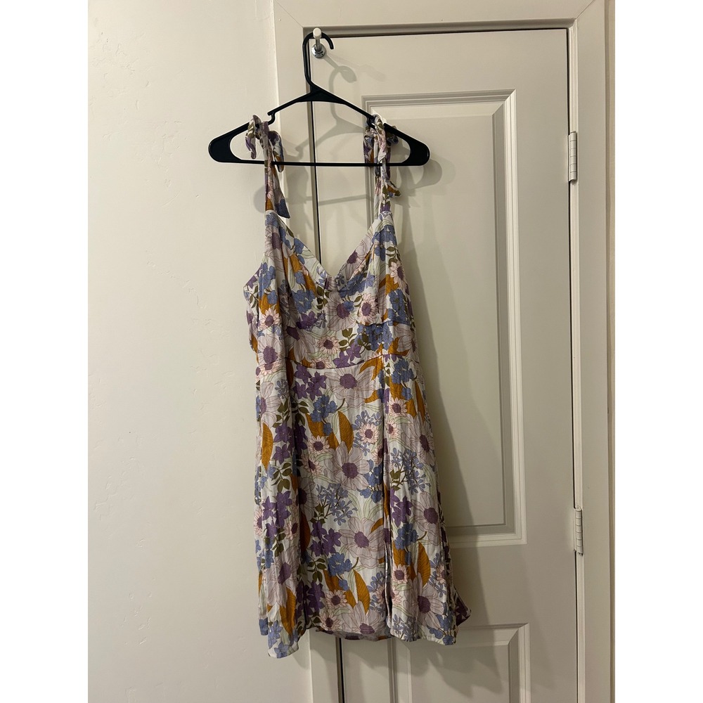 American Eagle Floral Print Dress Tie Strap Mini Cutout Back Beige Purple XL